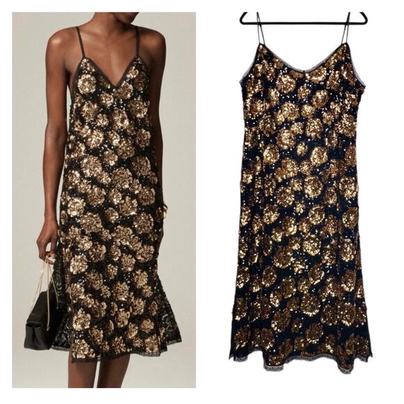 NWT J. Crew Collection Sequin Slip Dress Size 18 Black Gold Evening Midi Holiday - Picture 1 of 16